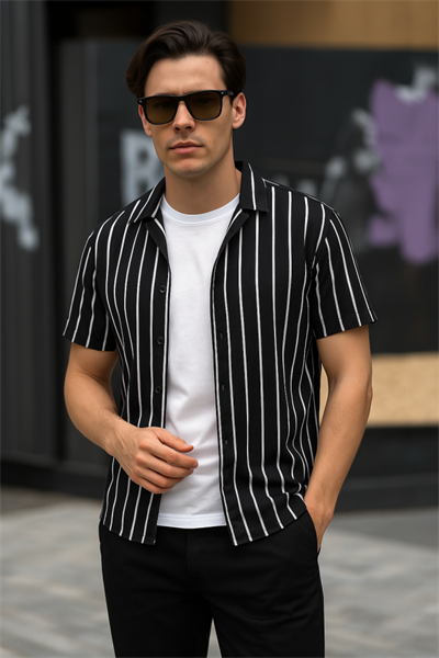 Erkek Kısa Kollu Beyaz çizgi Desenli örme Kumaş Pamuklu Gömlek