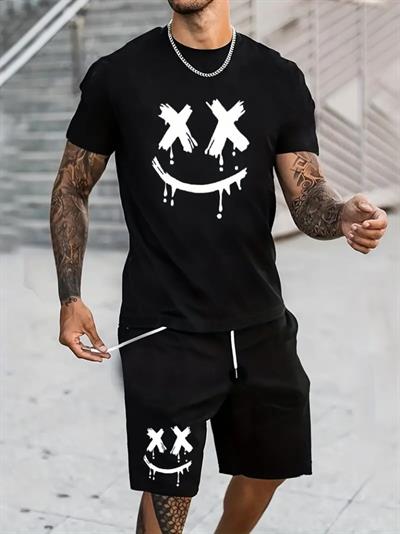 Erkek Kısa Kollu Bisiklet Yaka Baskılı Tişört Ipli Short Iki Iplik Takım