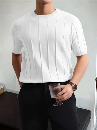 Erkek Kısa Kollu Bisiklet Yaka çizgili Triko Tshirt