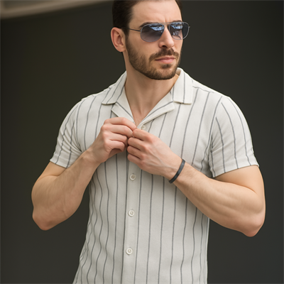 Erkek Kısa Kollu Gri çizgi Desenli örme Kumaş Pamuklu Gömlek