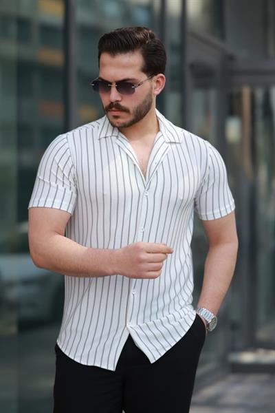 Erkek Kısa Kollu Gri çizgi Desenli örme Kumaş Pamuklu Gömlek