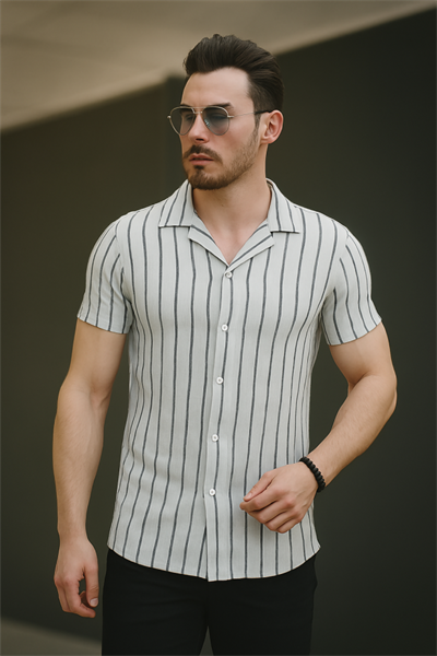Erkek Kısa Kollu Gri çizgi Desenli örme Kumaş Pamuklu Gömlek