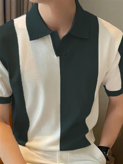 Erkek Kısa Kollu Polo Yakalı Blok Desenli Triko Tişört
