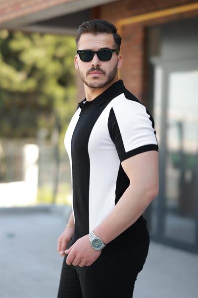 Erkek Kısa Kollu Polo Yakalı Blok Desenli Triko Bluz