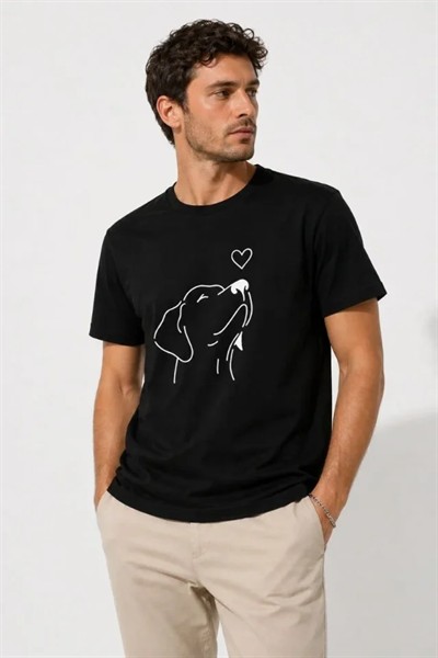 Erkek Köpek Figürlü Minimal Baskılı Tişört Kısa Kol Yazlık T-Shirt - Siyah