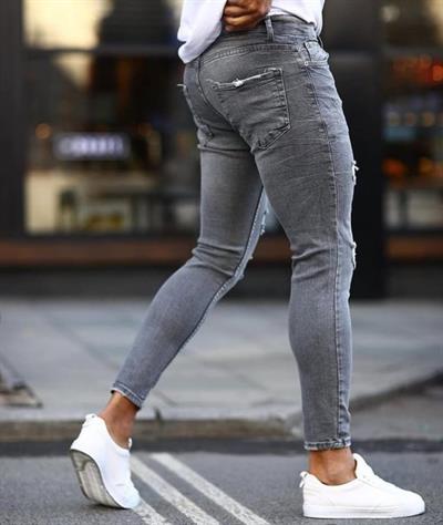 Erkek Koyu Gri Yırtık Detaylı Skinny Jean