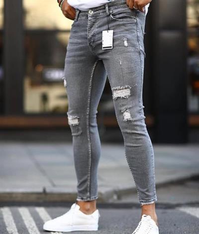 Erkek Koyu Gri Yırtık Detaylı Skinny Jean