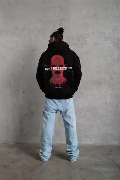 Erkek Maske Baskılı Kapüşonlu Sweat - Siyah