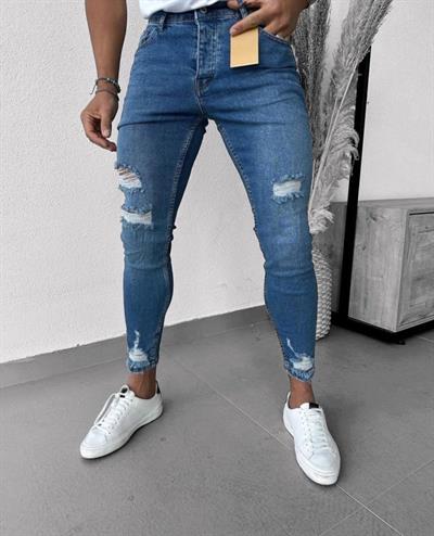 Erkek Mavi Yıkama Detaylı Skinny Jean