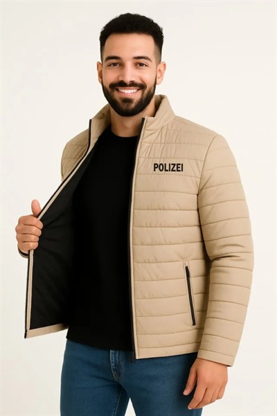 Erkek Mikro Su İtici Kapitone Baskılı Astarlı Fermuarlı Bomber Mont - Bej