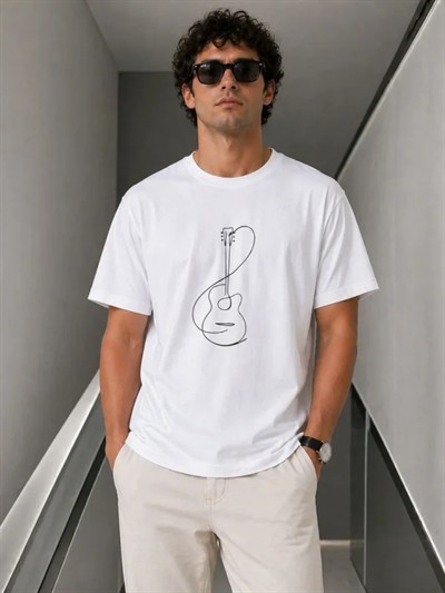 Erkek Minimal Gitar Baskılı Tişört T-Shirt Yazlık Kısa Kol Bisiklet Yaka T-Shirt - Beyaz