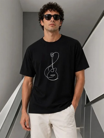 Erkek Minimal Gitar Baskılı Tişört T-Shirt Yazlık Kısa Kol Bisiklet Yaka T-Shirt - Siyah