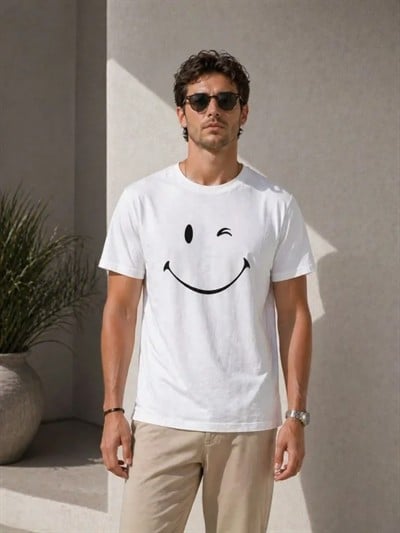 Erkek Minimal Gülümseyen Yüz Baskılı Tişört Kısa Kol Yazlık T-Shirt - Beyaz