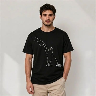Erkek Minimal Kedi Çizim Baskılı Tişört Kısa Kol Yazlık T-Shirt - Siyah