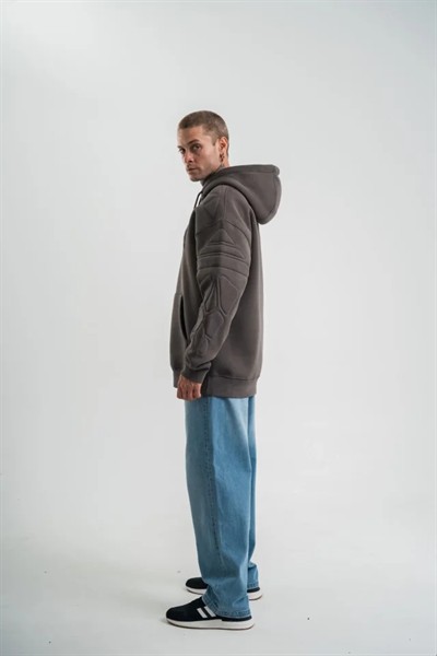 Erkek Nakış İşlemeli Kapşonlu Antrasit Sweatshirt Üç İplik Double Oversize- Füme