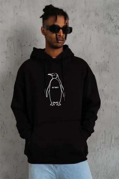 Erkek Nihilist Penguen Özel Tasarım Oversize Kapüşonlu Sweatshirt - Siyah