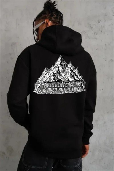 Erkek Nihilist Penguen Temalı Oversize Kapüşonlu Sweatshirt - Siyah