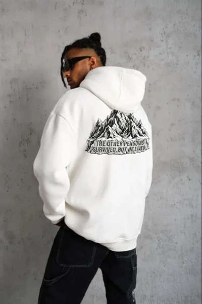 Erkek Nihilist Penguen Temalı Oversize Kapüşonlu Sweatshirt - Beyaz
