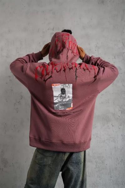 Erkek Ön Ve Arka Baskılı Kapüşonlu 3 İplik Sweatshirt - Gül Kurusu