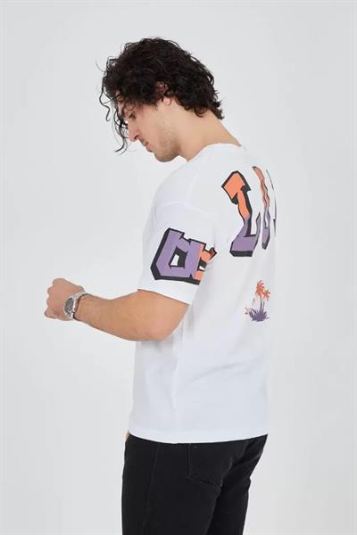 Erkek Ön Ve Arka Baskılı T-Shirt - Beyaz