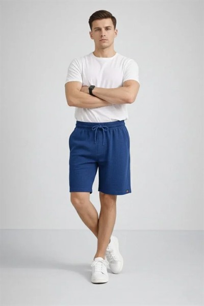 Erkek Otoban Dokuma Şort Beli Lastikli Bağcıklı, Cepli, Rahat Kesim Günlük Yazlık Şort - İndigo