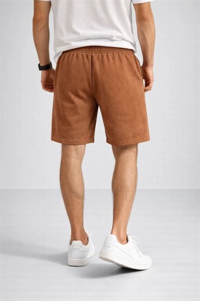 Erkek Otoban Dokuma Şort Beli Lastikli Bağcıklı, Cepli, Rahat Kesim Günlük Yazlık Şort - Kahverengi