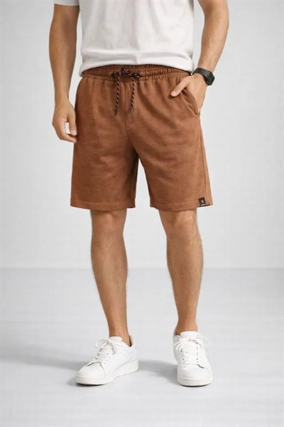 Erkek Otoban Dokuma Şort Beli Lastikli Bağcıklı, Cepli, Rahat Kesim Günlük Yazlık Şort - Kahverengi