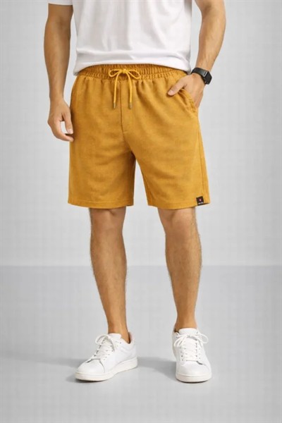 Erkek Otoban Dokuma Şort Beli Lastikli Bağcıklı, Cepli, Rahat Kesim Günlük Yazlık Şort - Hardal