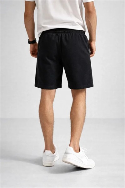 Erkek Otoban Dokuma Şort Beli Lastikli Bağcıklı, Cepli, Rahat Kesim Günlük Yazlık Şort - Siyah