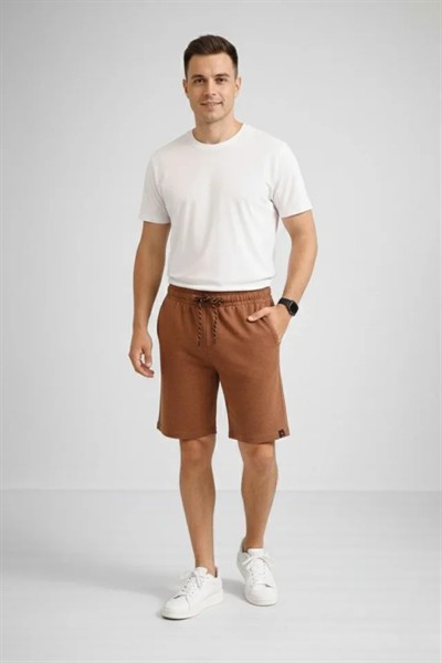 Erkek Otoban Dokuma Şort Beli Lastikli Bağcıklı, Cepli, Rahat Kesim Günlük Yazlık Şort - Kahverengi