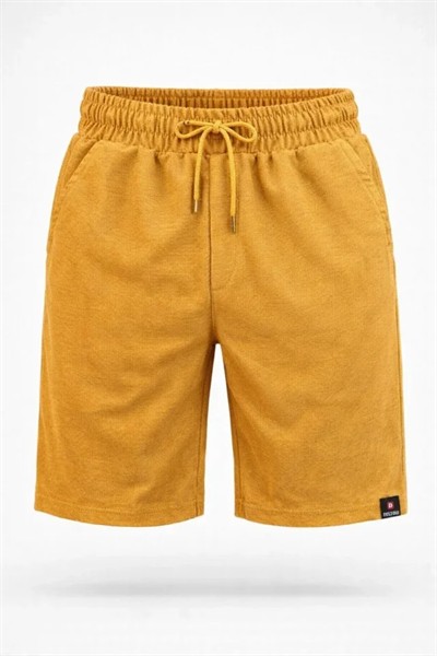 Erkek Otoban Dokuma Şort Beli Lastikli Bağcıklı, Cepli, Rahat Kesim Günlük Yazlık Şort - Hardal