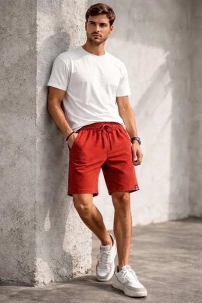 Erkek Otoban Dokuma Şort Beli Lastikli Bağcıklı, Cepli, Rahat Kesim Günlük Yazlık Şort - Turuncu