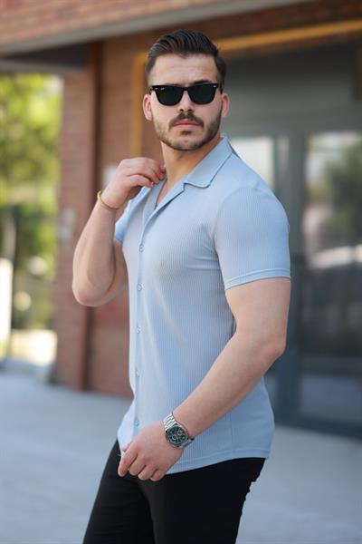 Erkek Ottoman Kumaş Apaj Yaka Kısa Kollu Gömlek