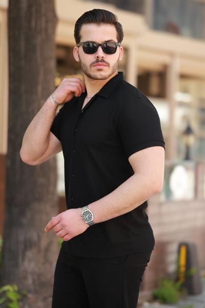 Erkek Ottoman Kumaş Apaj Yaka Kısa Kollu Gömlek