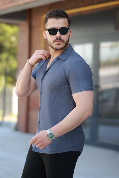 Erkek Ottoman Kumaş Apaj Yaka Kısa Kollu Gömlek