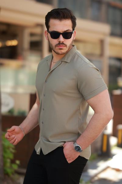 Erkek Ottoman Kumaş Apaj Yaka Kısa Kollu Gömlek