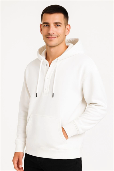 Erkek Ovarsize Kapüşonlu Swetshirt Kanguru Çepli Cıtcıtlı 3 Iplik Şardonlu Hoodie - Beyaz
