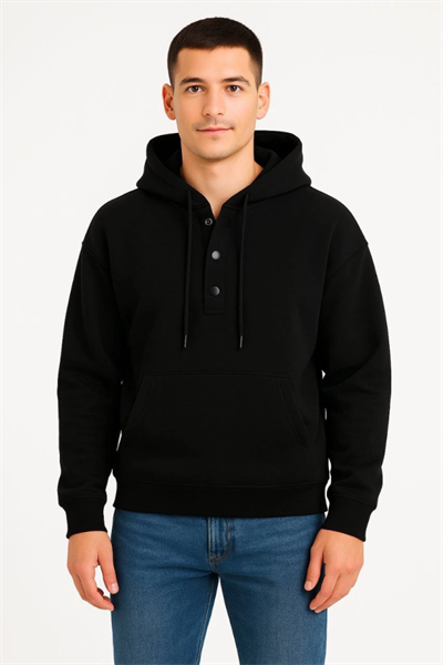 Erkek Ovarsize Kapüşonlu Swetshirt Kanguru Çepli Cıtcıtlı 3 Iplik Şardonlu Hoodie - Siyah
