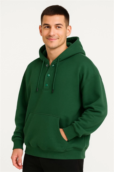 Erkek Ovarsize Kapüşonlu Swetshirt Kanguru Çepli Cıtcıtlı 3 Iplik Şardonlu Hoodie - Haki