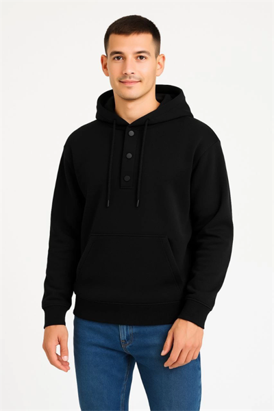 Erkek Ovarsize Kapüşonlu Swetshirt Kanguru Çepli Cıtcıtlı 3 Iplik Şardonlu Hoodie - Siyah