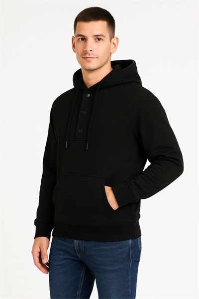 Erkek Ovarsize Kapüşonlu Swetshirt Kanguru Çepli Cıtcıtlı 3 Iplik Şardonlu Hoodie - Siyah