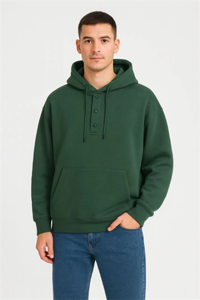 Erkek Ovarsize Kapüşonlu Swetshirt Kanguru Çepli Cıtcıtlı 3 Iplik Şardonlu Hoodie - Haki
