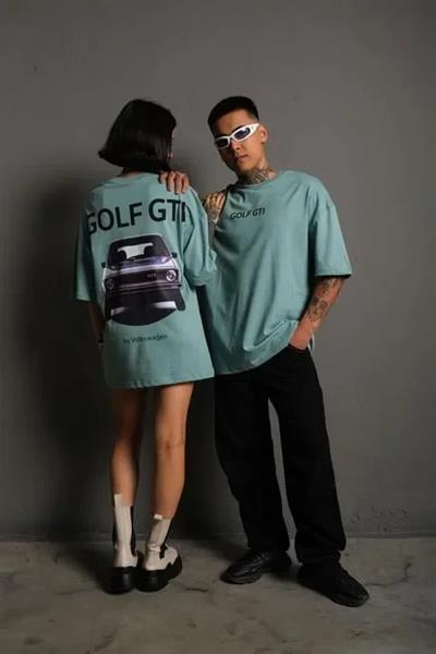 Erkek Oversize Baskılı Tişört – Golf GTI Retro Araba Desenli, Ön - Arka Dijital Baskı, Sokak Modası Stil - Mint Yeşili