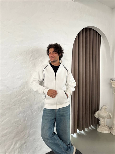 Erkek Oversize Dik Yaka Fermuarlı Sweatshirt - Zincir Nakışli Kanguru Cepli - Beyaz