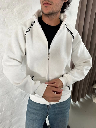 Erkek Oversize Dik Yaka Fermuarlı Sweatshirt - Zincir Nakışli Kanguru Cepli - Beyaz