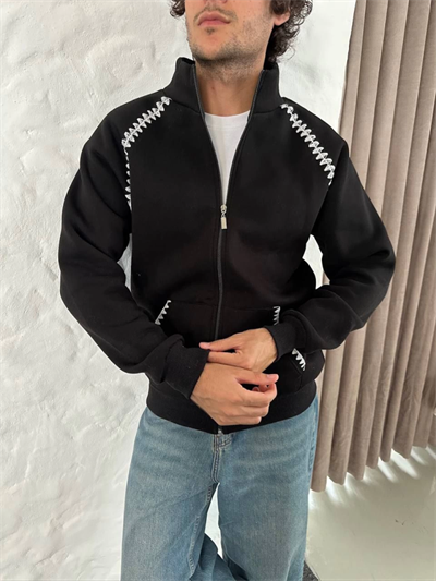 Erkek Oversize Dik Yaka Fermuarlı Sweatshirt - Zincir Nakışli Kanguru Cepli - Siyah