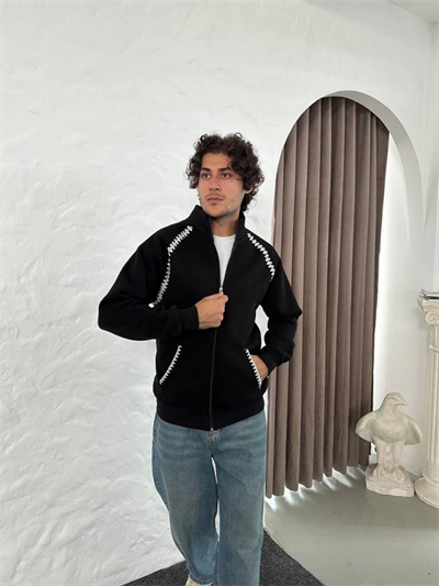 Erkek Oversize Dik Yaka Fermuarlı Sweatshirt - Zincir Nakışli Kanguru Cepli - Siyah