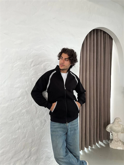 Erkek Oversize Dik Yaka Fermuarlı Sweatshirt - Zincir Nakışli Kanguru Cepli - Siyah
