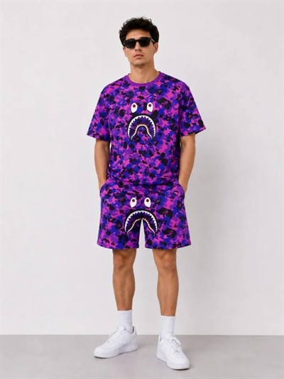 Erkek Oversize Kalıp Pubg Bape X Shark Nakışlı Cepli Şort Takım - Mor