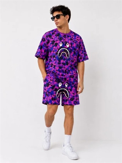 Erkek Oversize Kalıp Pubg Bape X Shark Nakışlı Cepli Şort Takım - Mor